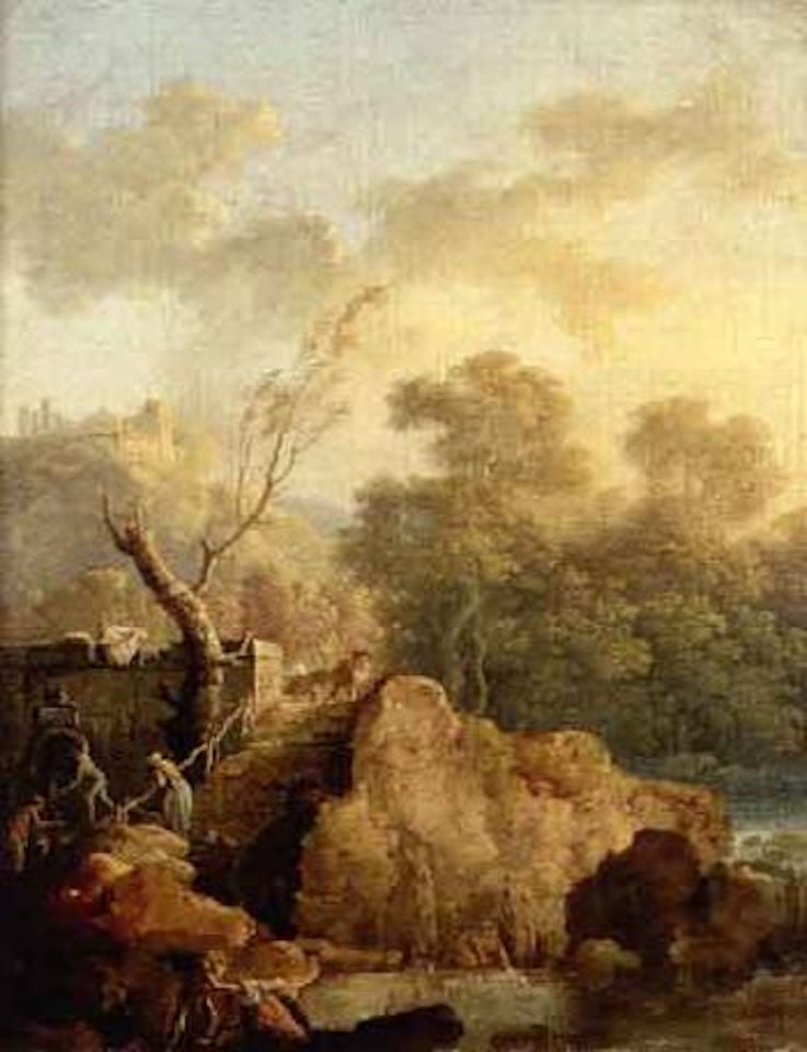 Landscape with figures by well by Hubert Robert