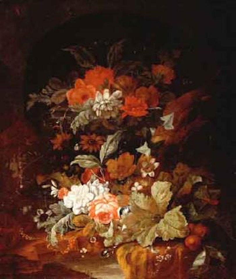 Still life of flowers, fruit and bird's nest by Pieter Hardime