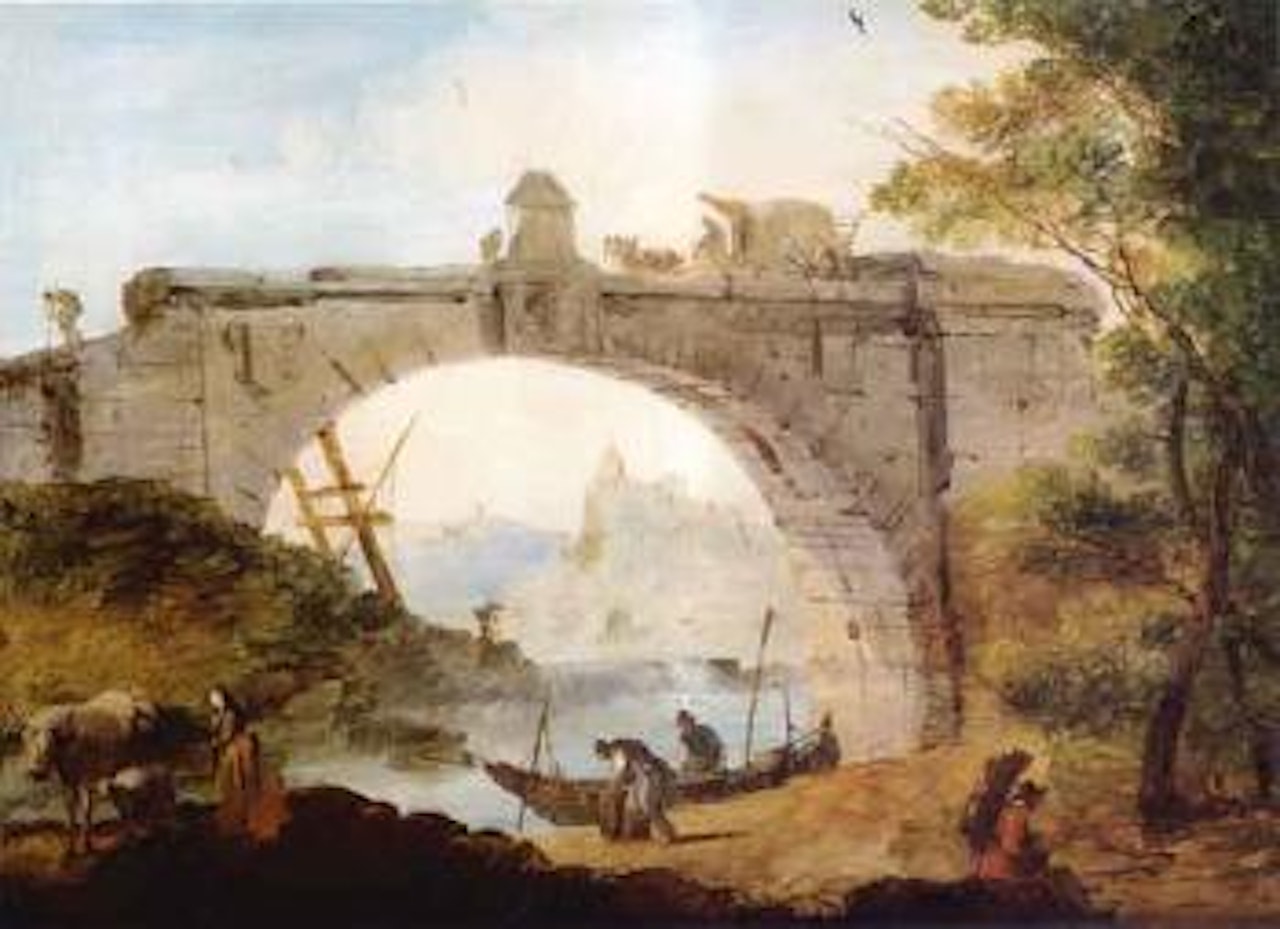 View of a classical bridge with workmen and other figures on the river bank in the foreground by Giuseppe Bernardino Bison