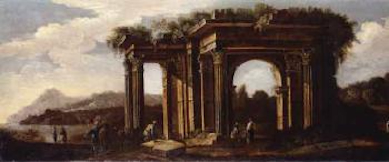 Figure beside classical ruins in a coastal landscape by Viviano Codazzi