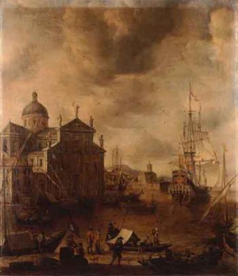 Capriccio of a southern seaport with figures on a quayside by Jan Abrahamsz. Beerstraten
