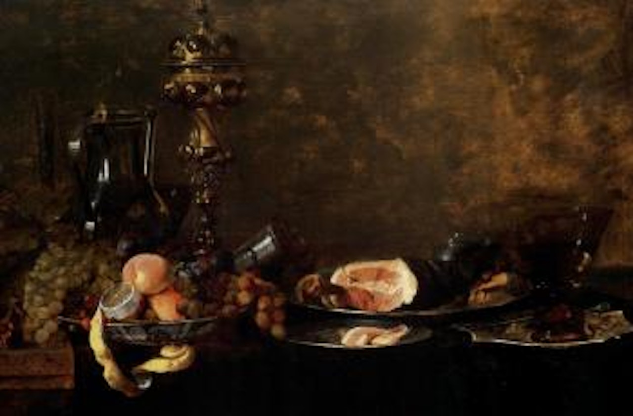 Peaches, grapes and partly peeled lemon in a wanli kraak porcelain bowl, and ham on draped table by Jan Davidsz de Heem