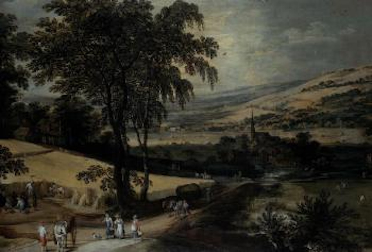 Summer, an extensive landscape with harvesters cutting a cornfield and travellers and wagons by Jan Brueghel by Joos de Momper the Younger