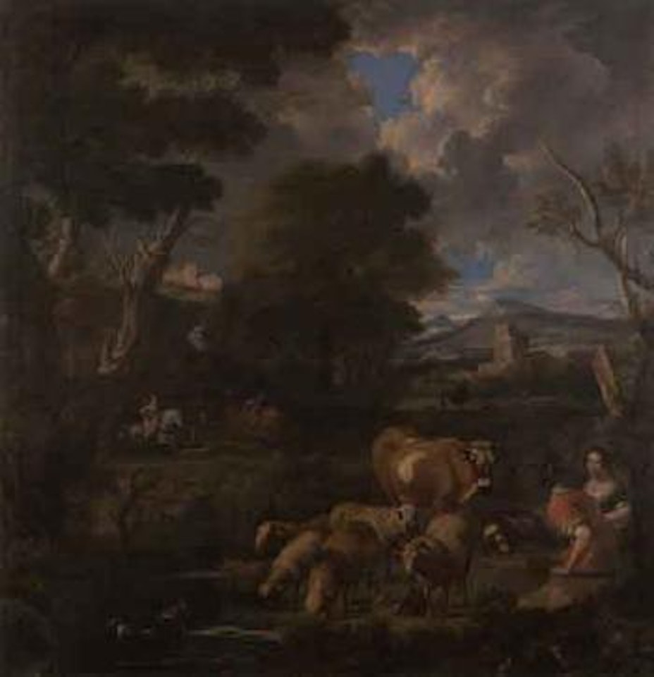Young shepherds with herds in landscape by Pieter Bout