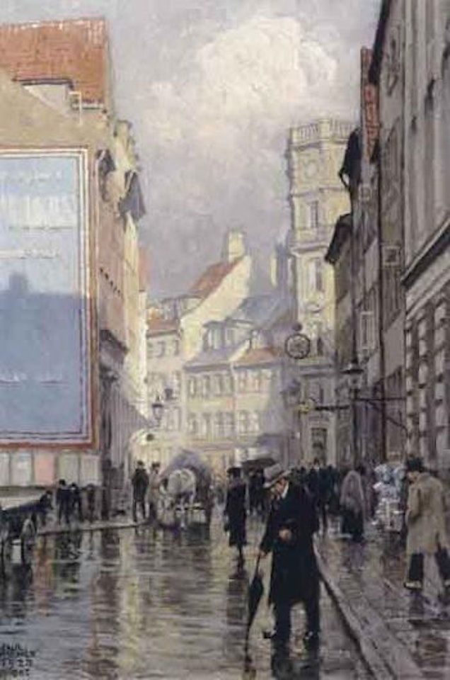 Street scene with sun breaking through after rain, Copenhagen by Paul Fischer