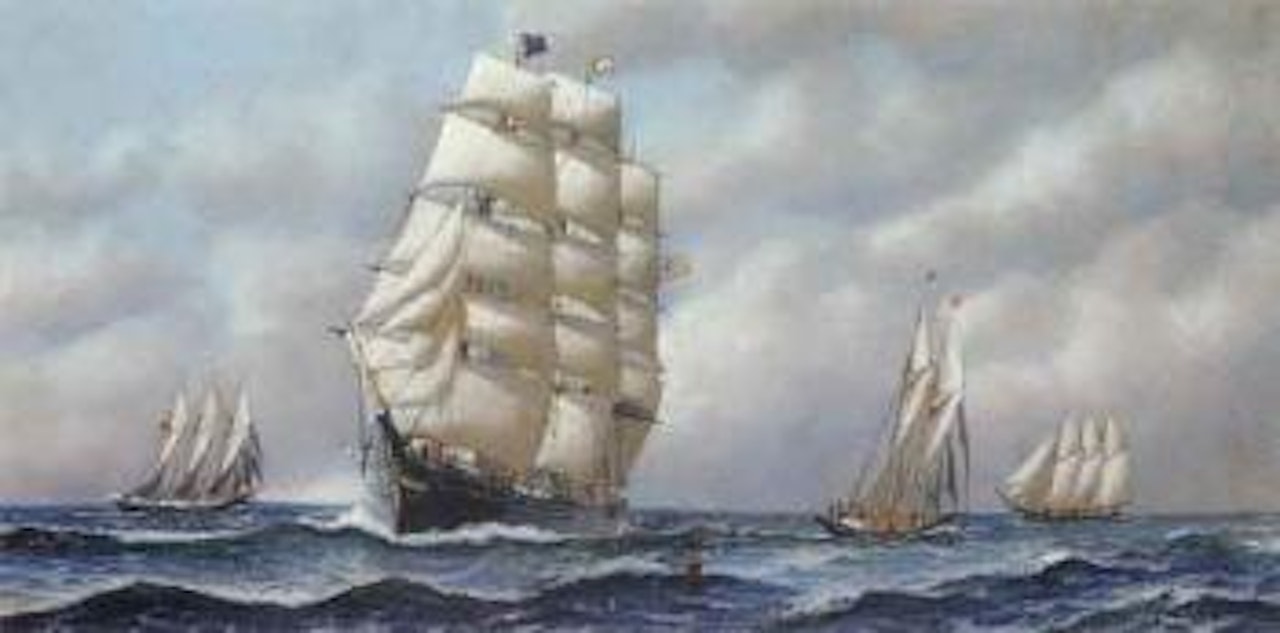 American three master and other sailing vessel at sea in breeze by Antonio Jacobsen