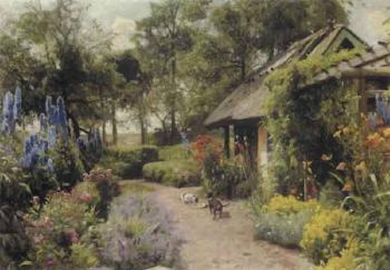 Farmhouse with dog and cat on garden path by Peder Mork Monsted