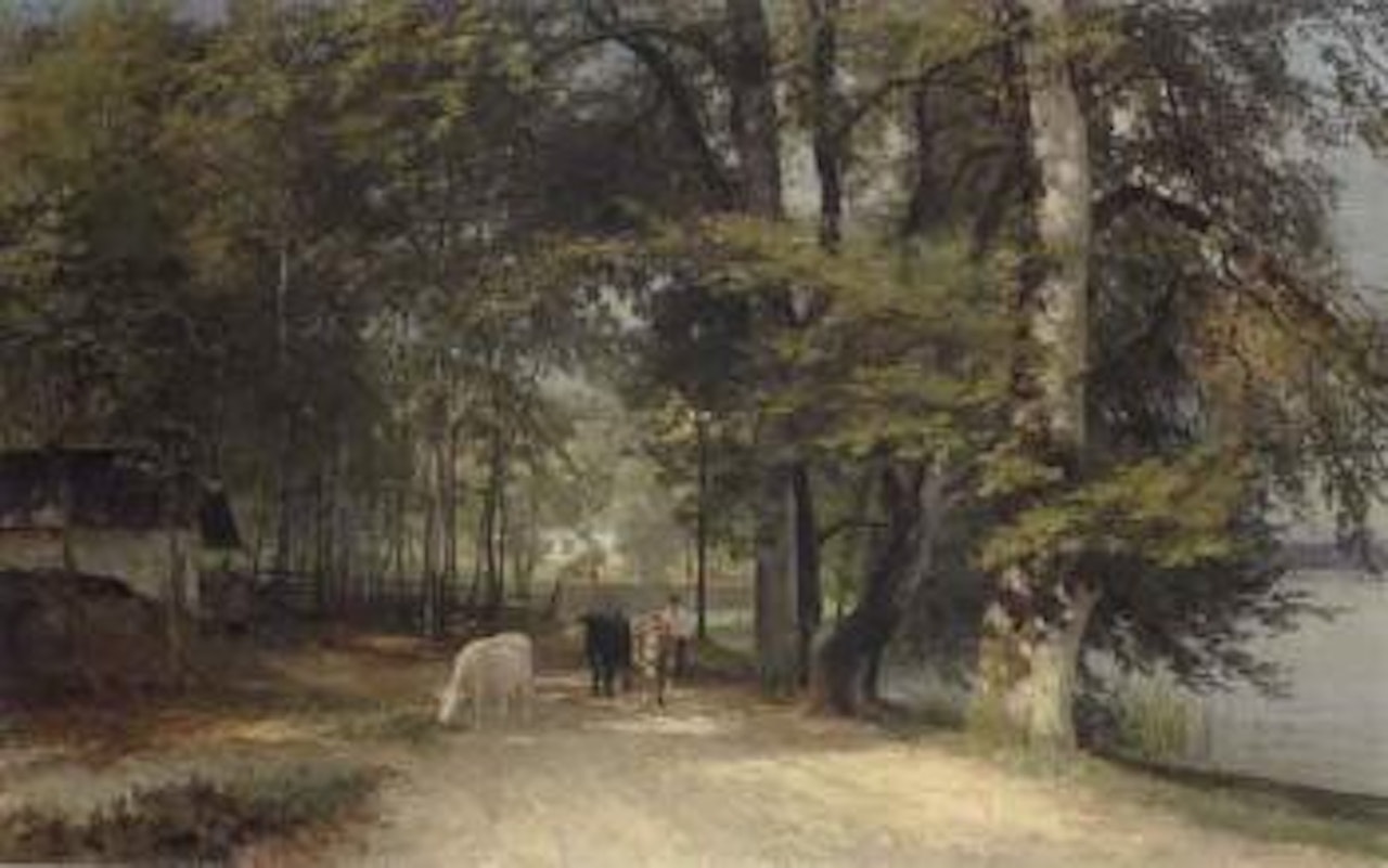 Farmer and his cows by edge of water by Anders Andersen-Lundby