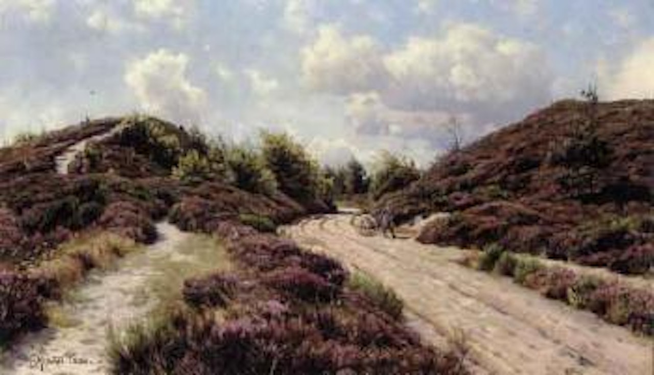 Hilly heather landscape with small herder girl and sheep on country road by Peder Mork Monsted