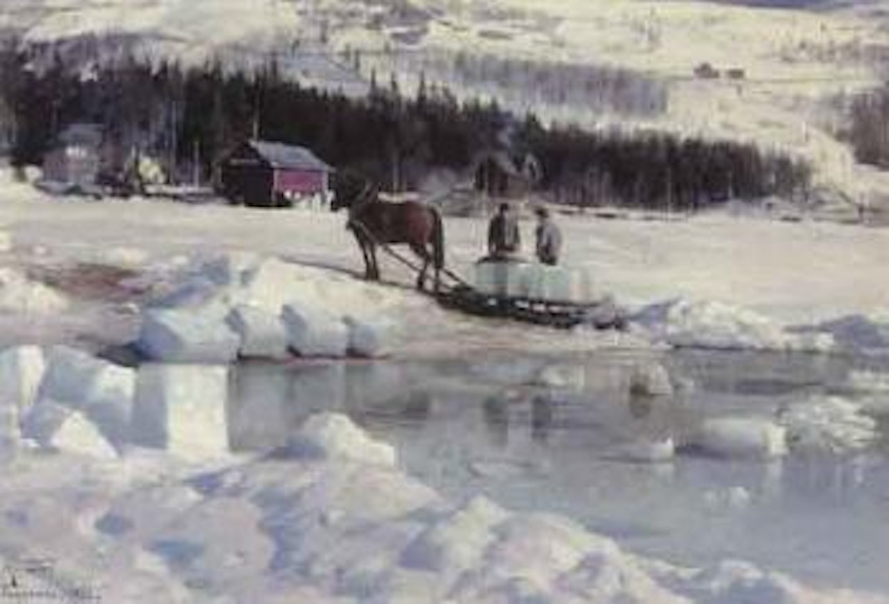 Blocks of ice being taken ashore, Fagernaes, Valdres by Peder Mork Monsted