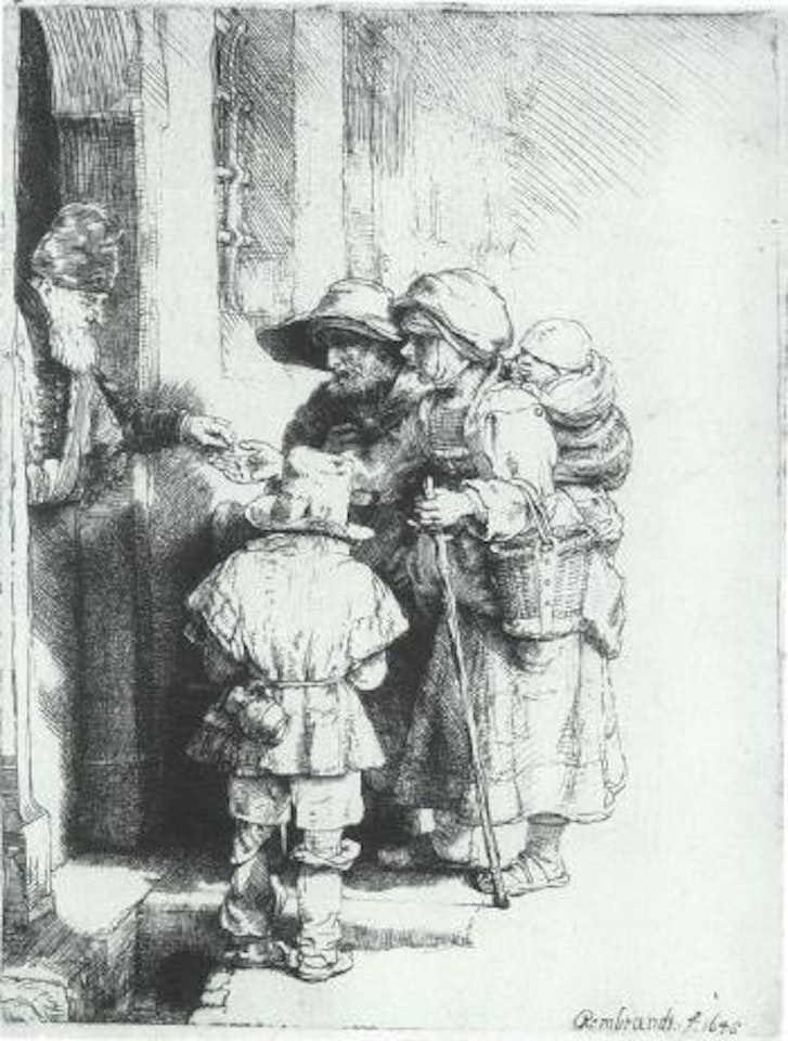 Beggars receiving alms at a door by Attributed to Rembrandt Harmensz van Rijn