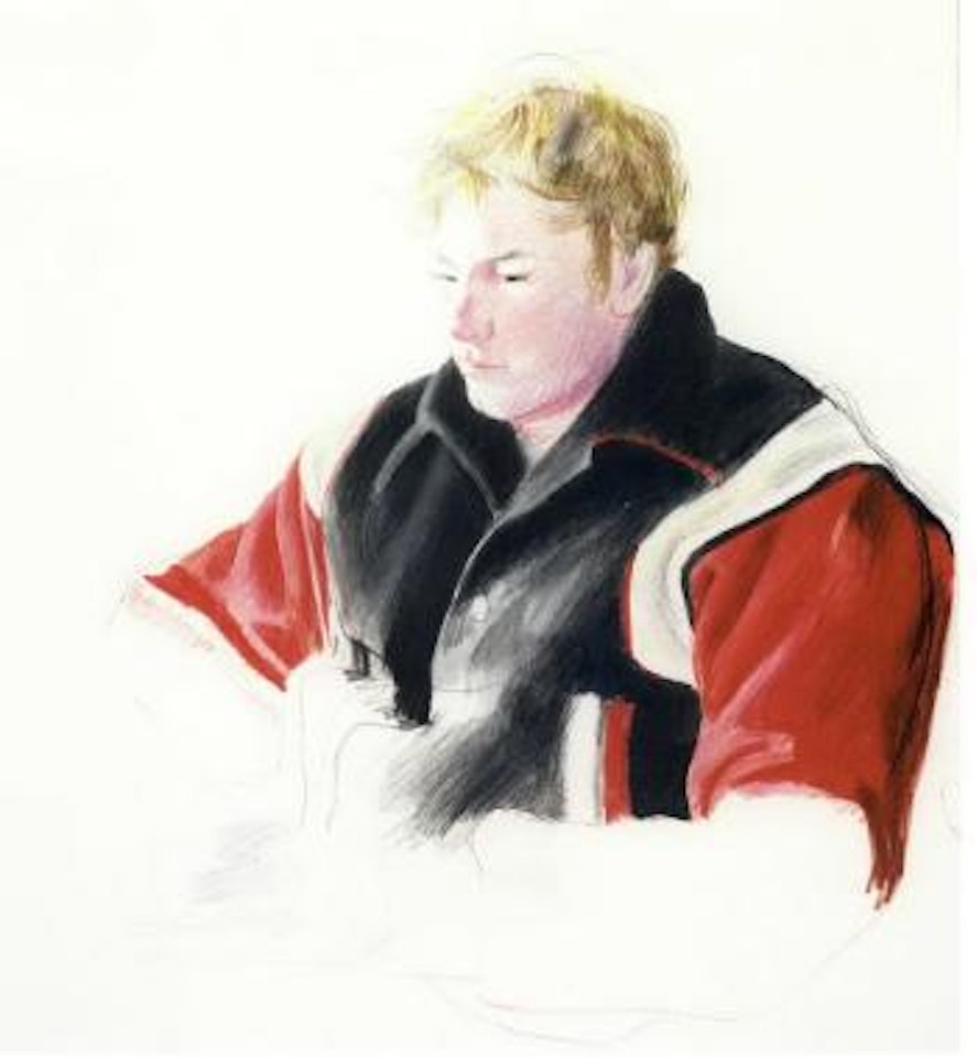 Larry Stanton, wearing a baseball jacket by David Hockney
