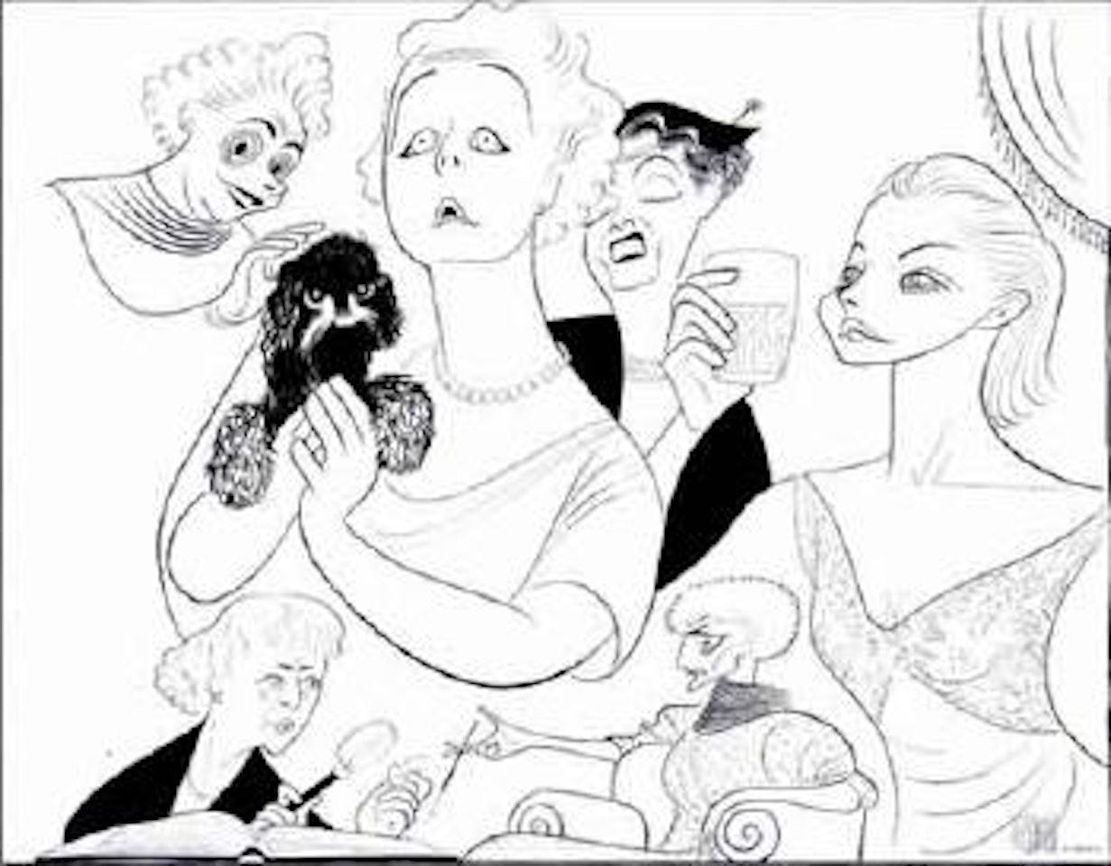Six women, one holding a dog by Al Hirschfeld
