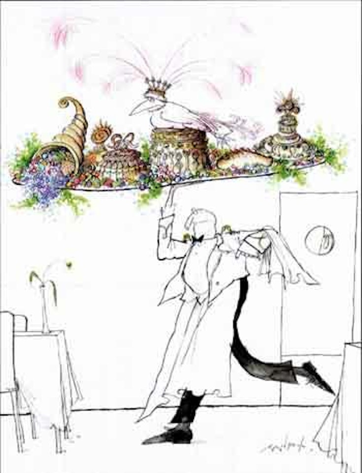 Waiter bringing tray of elaborate meal into dining room, bird atop by Ronald Searle
