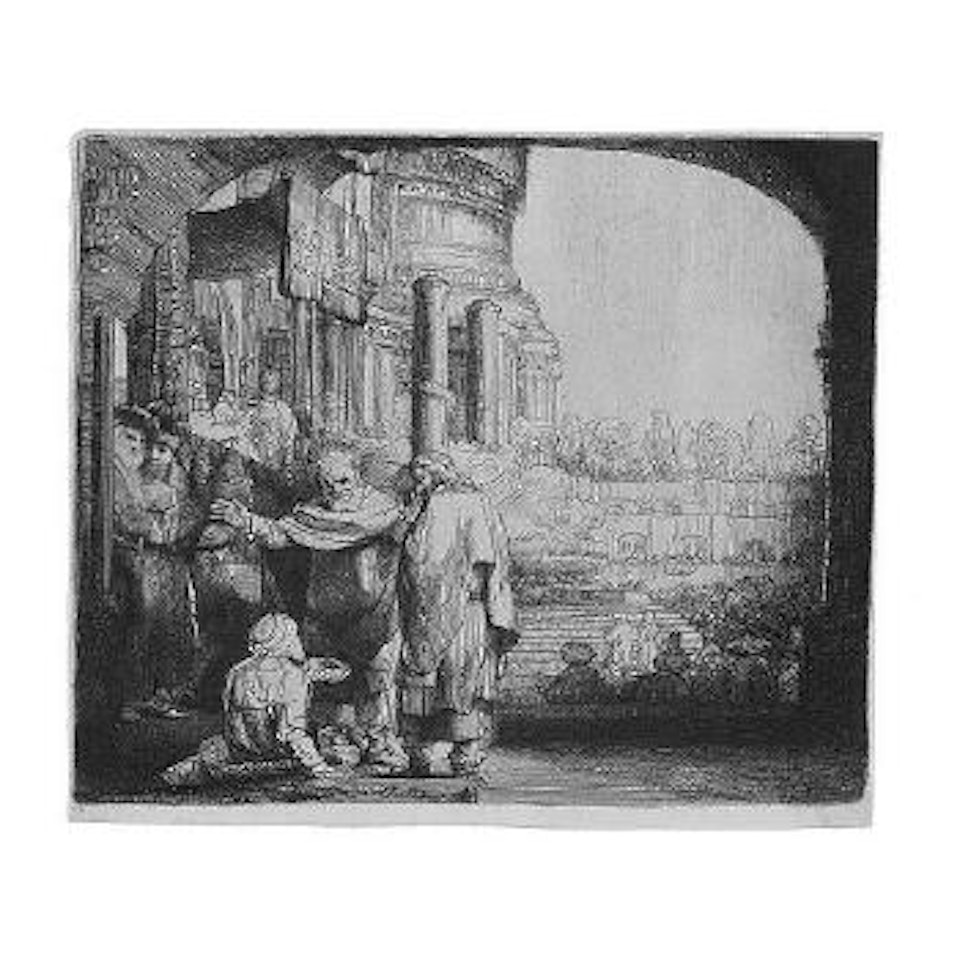 Peter and John healing the cripple at the gate of the temple by Attributed to Rembrandt Harmensz van Rijn