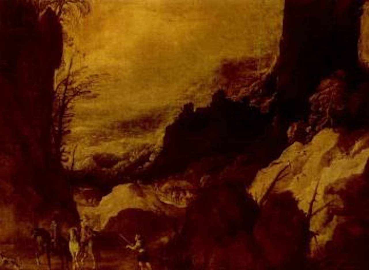 Mountainous landscape with travellers on a path by Joos de Momper the Younger