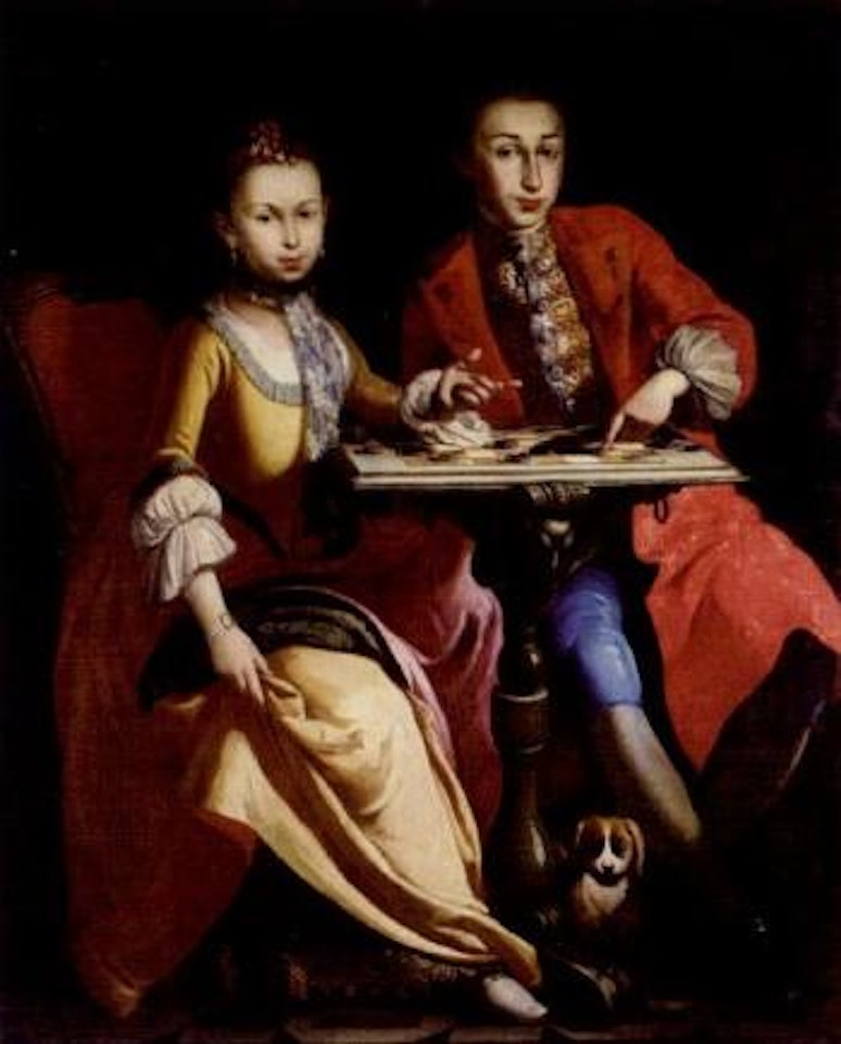 Portrait of Count Juan Batista de Santana with his sister Rosana, seated playing draughts by Neapolitan School