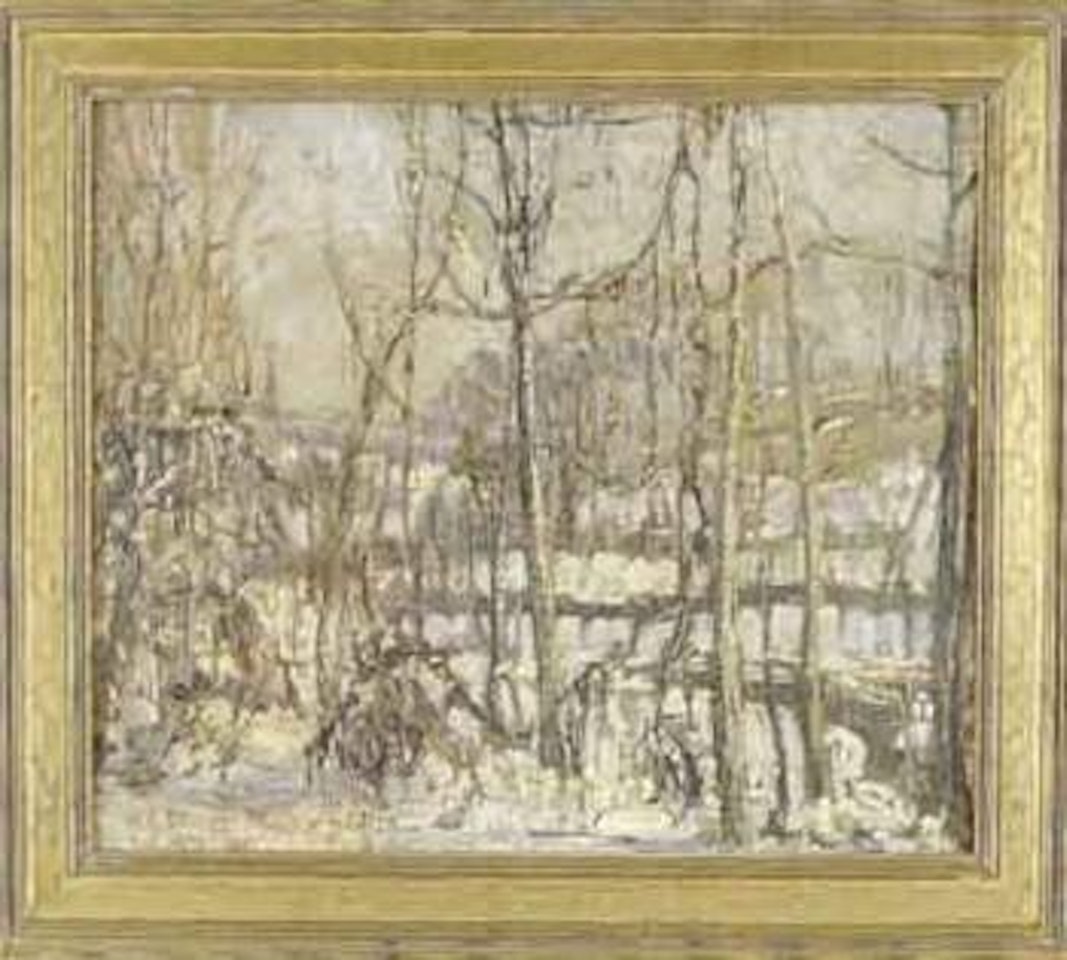 Winter landscape of a river through trees by Walter Emerson Baum