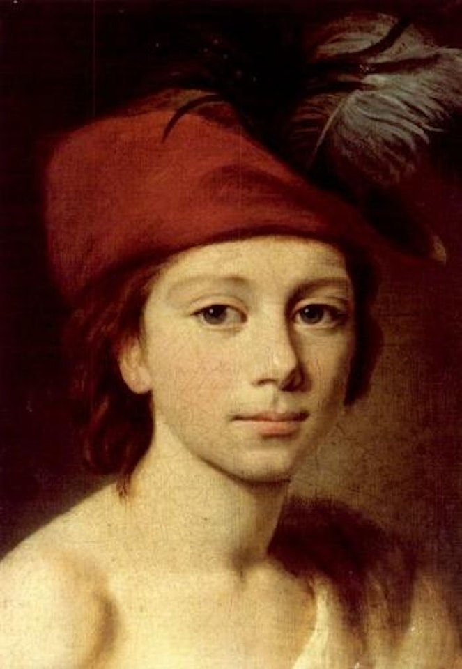 Portrait of a young boy wearing a red plumed cap by Marie Louise Elisabeth Vigee-Lebrun