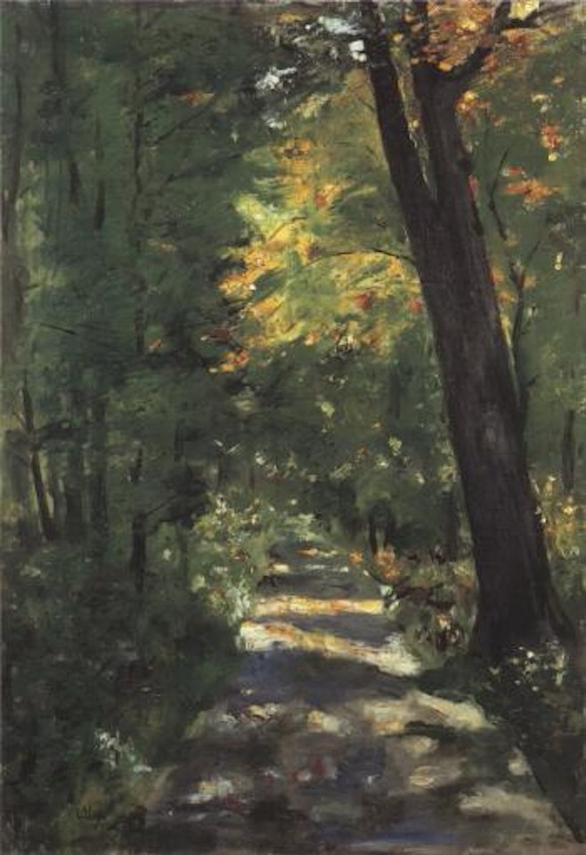 Forest path with patches of sunlight by Lesser Ury