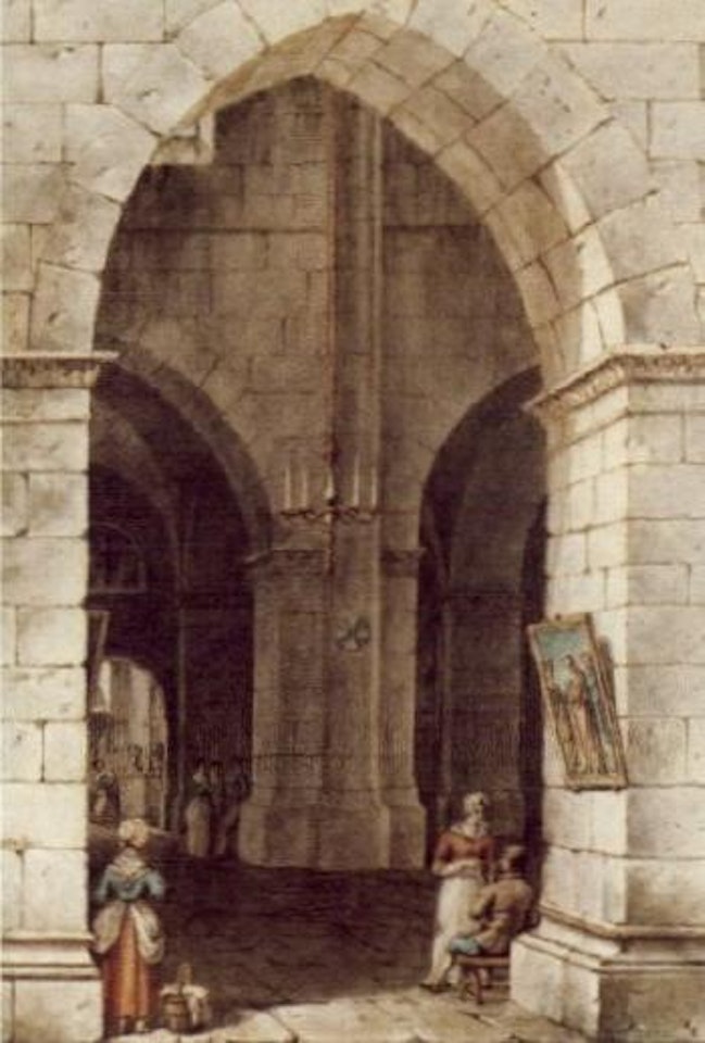 Cloister, with figures conversing by Victor Jean Nicolle