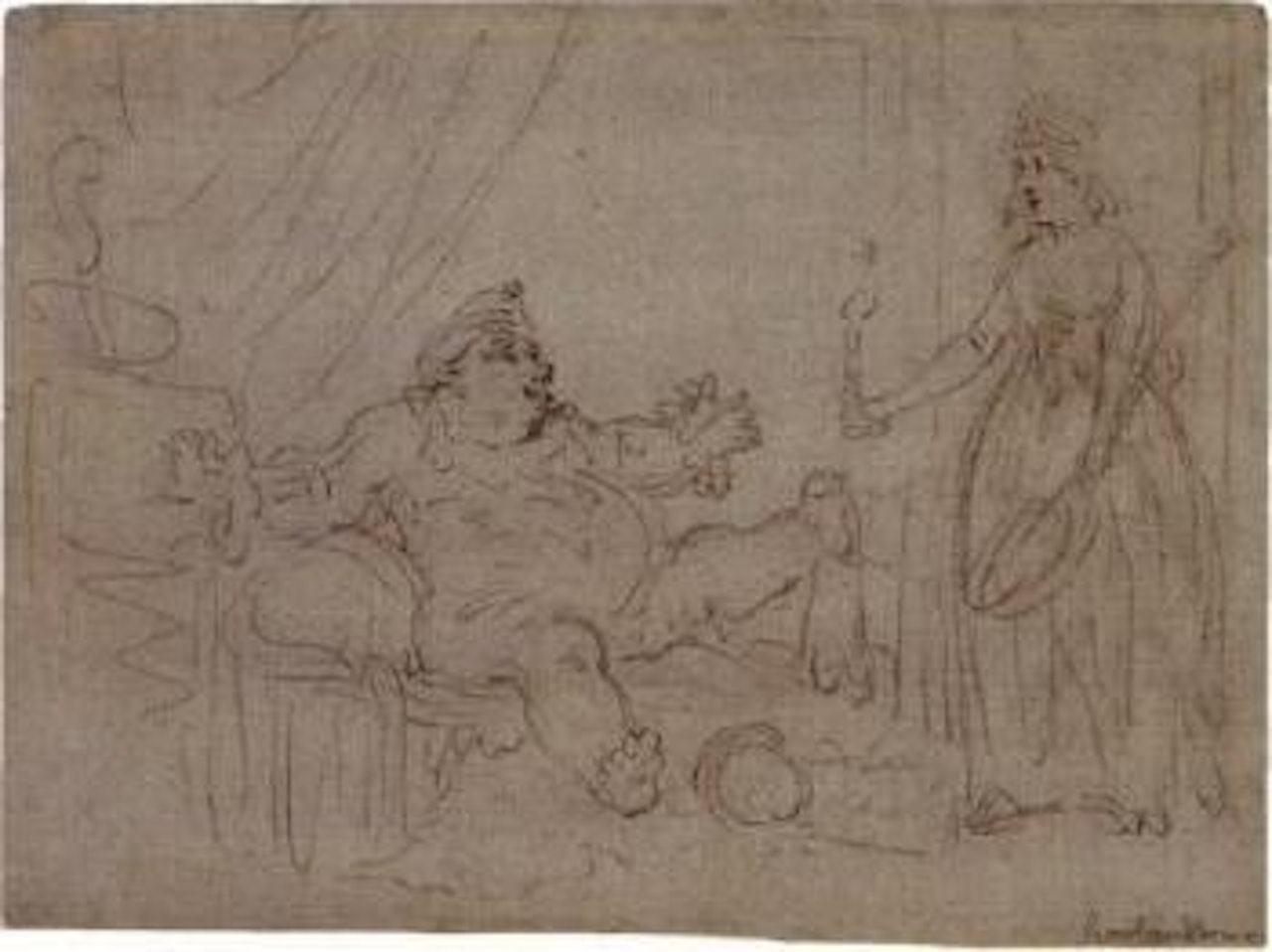 Woman bringing a bedpan to a rotund. Musicians by Thomas Rowlandson