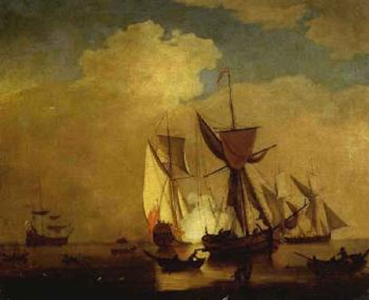 English man-o-war war firing a salute in calm waters by Peter Monamy