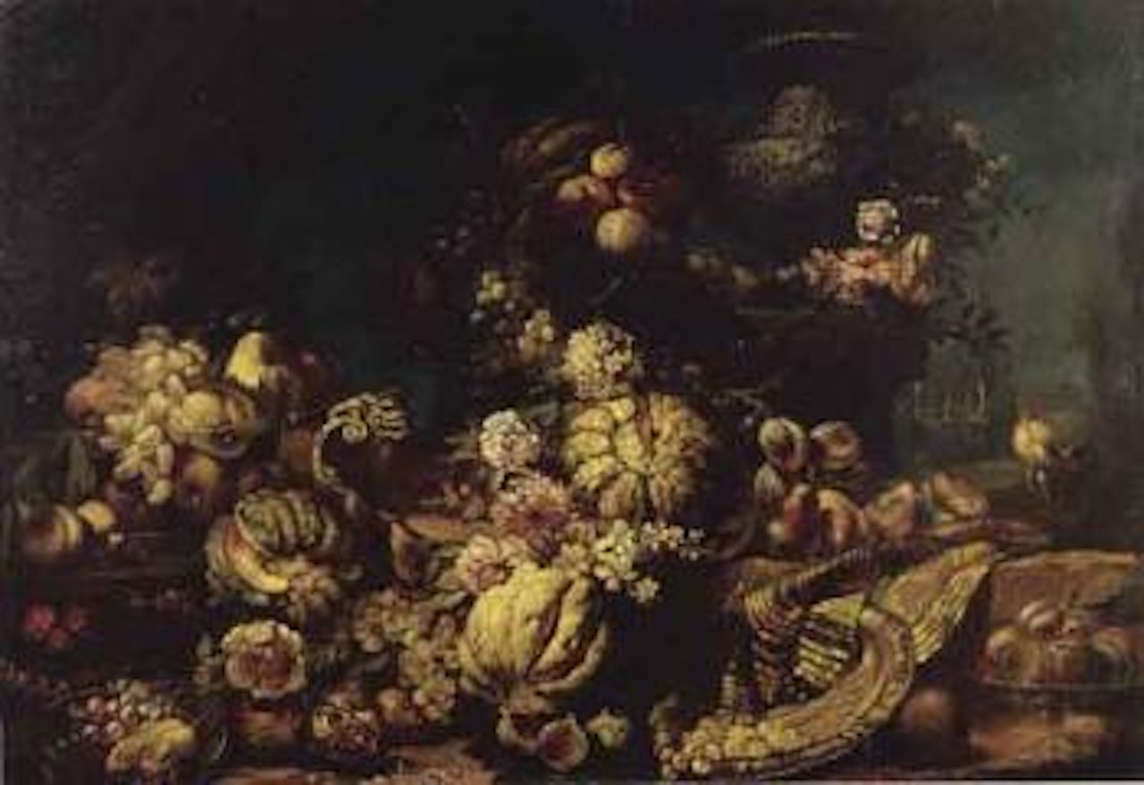 Pottery with melons, grapes and vase with pears, cock in the background by Abraham Brueghel