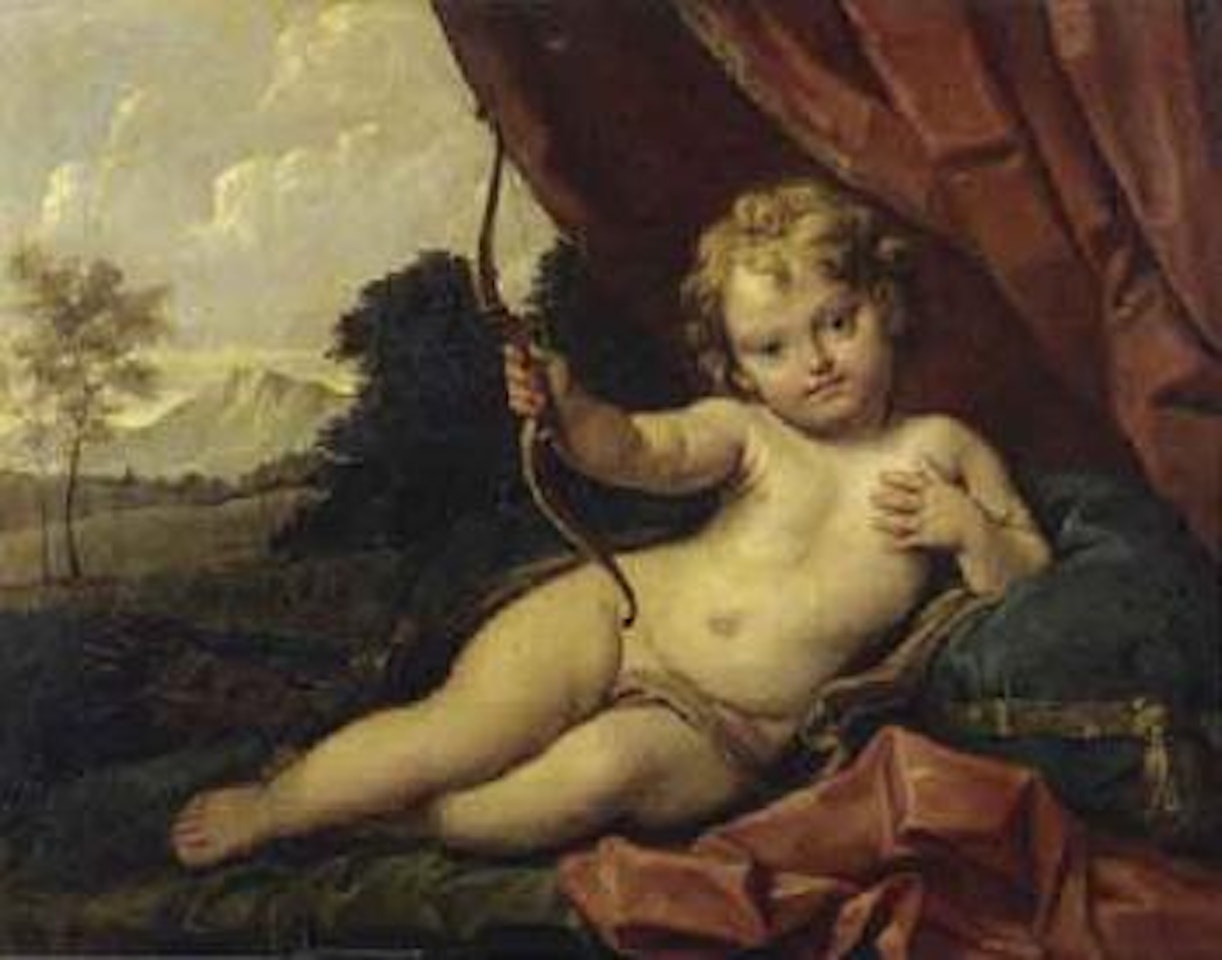 Cupid resting on cushion in landscape by Attributed to Carlo Maratta