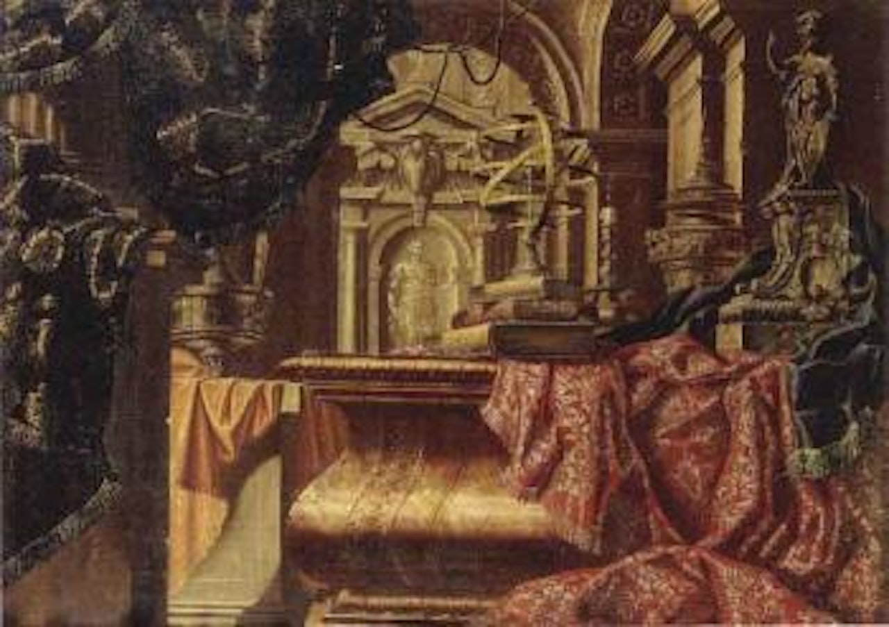Musical instruments and cushion on marble ledge. Books and bronze in classiccal room by Italian School