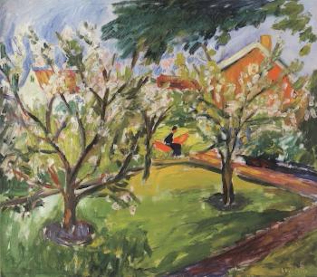 Woman in hammock among appletrees in bloom by Ivan Ivarson