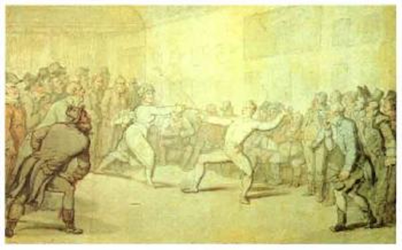 Madame Callee, native of Rome, fencing at Mr H Ancels Academy, 8th February by Thomas Rowlandson