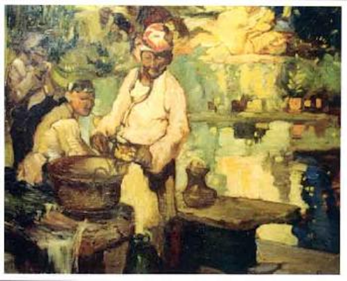 Oriental scene, three figures at a cooking pot by Sir Frank Brangwyn