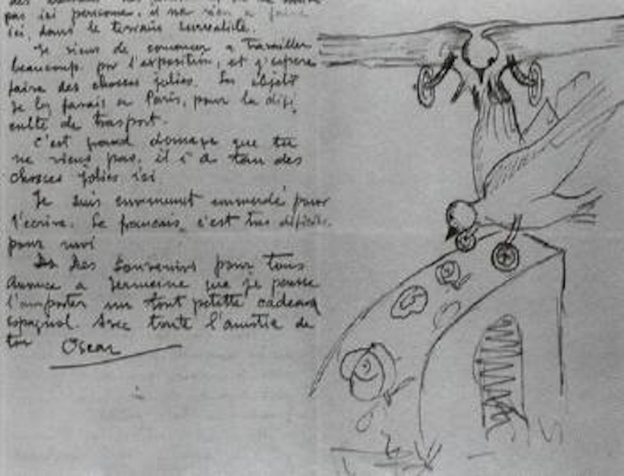 Lettre autographe avec deux oiseaux by Oscar Dominguez