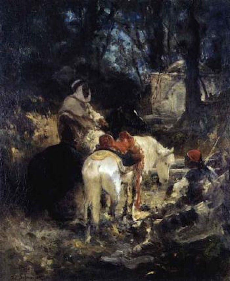 Halte de cavaliers devant le marabout by Adolf Schreyer