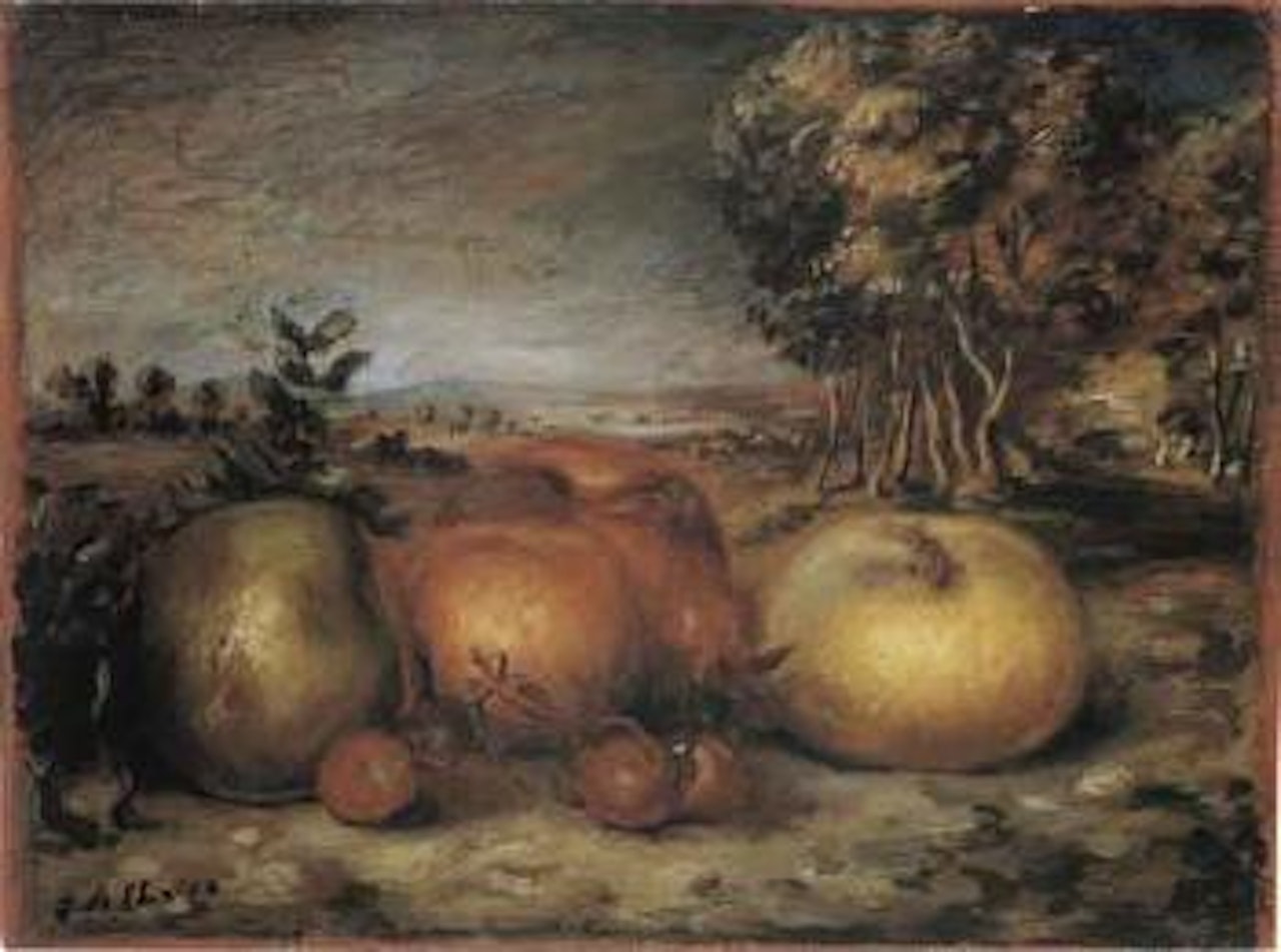 Still life in village by Giorgio de Chirico