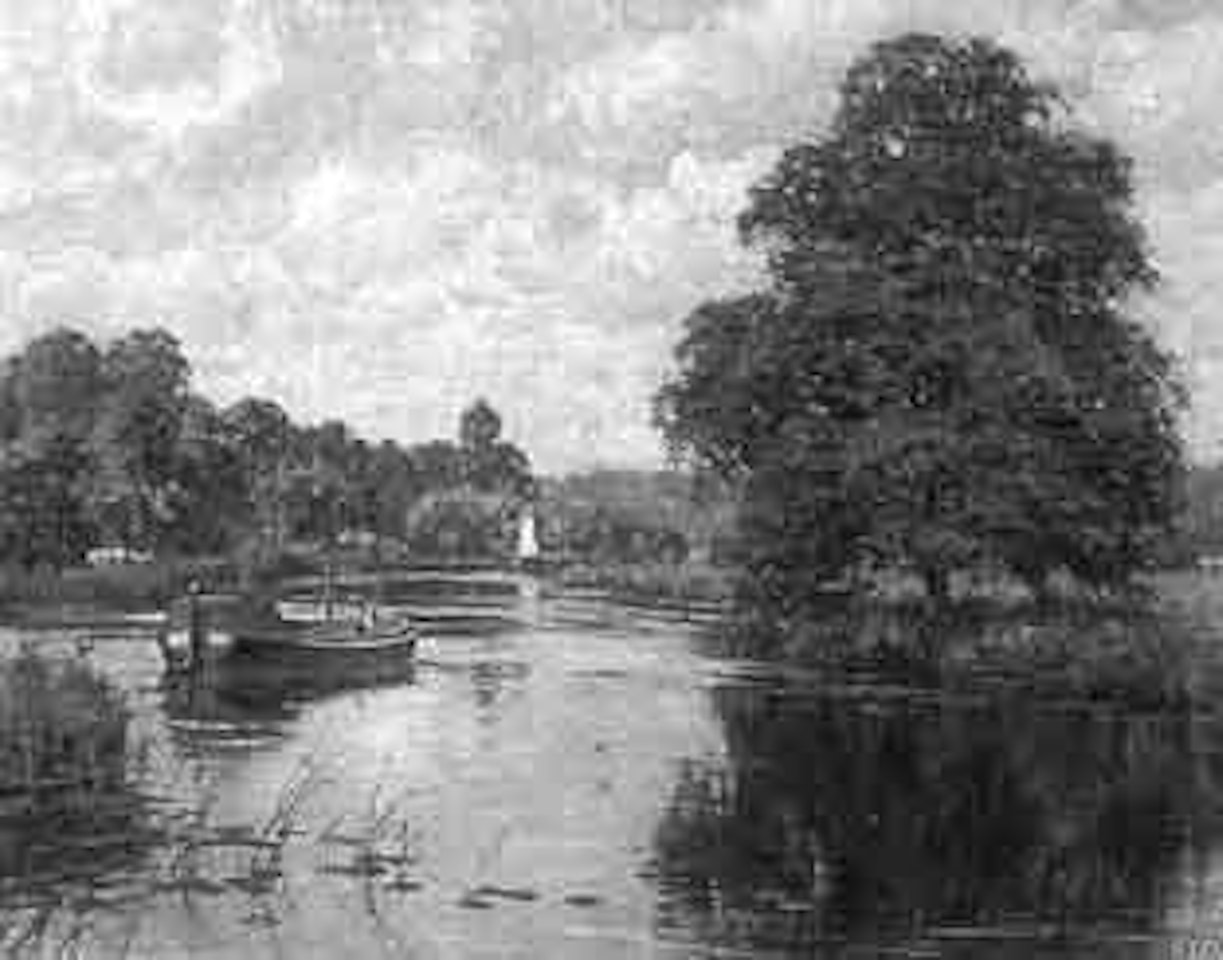 Idyllic riverscape with figures and boats by Edward Wilkins Waite