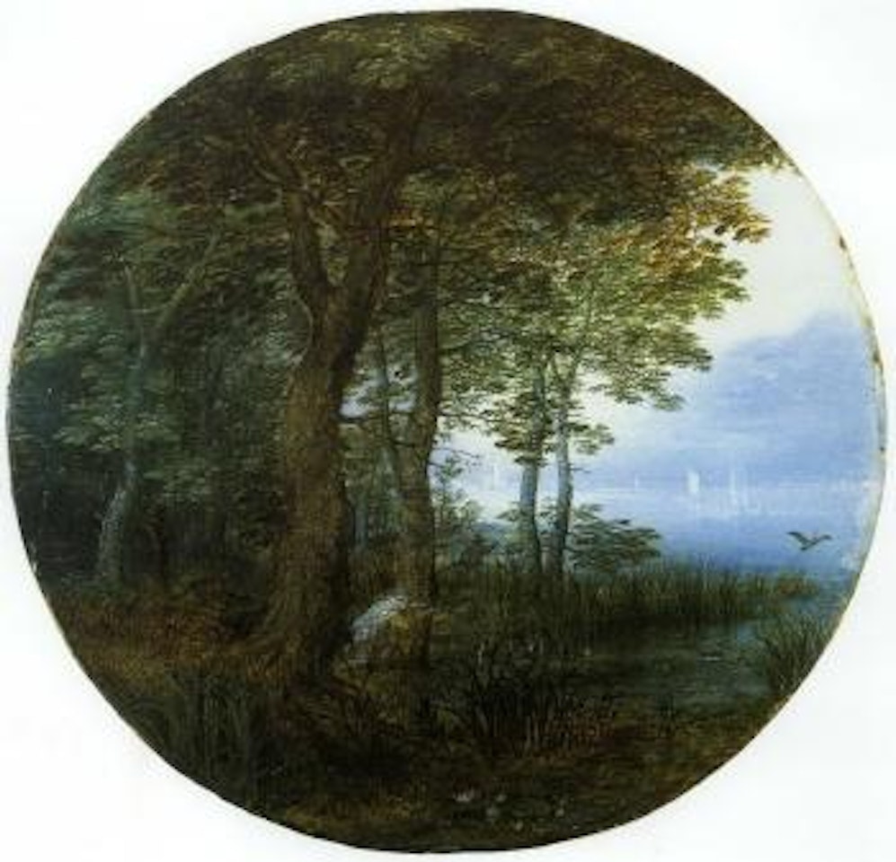 Hunters in wooded landscape by river by Jan Brueghel the Younger
