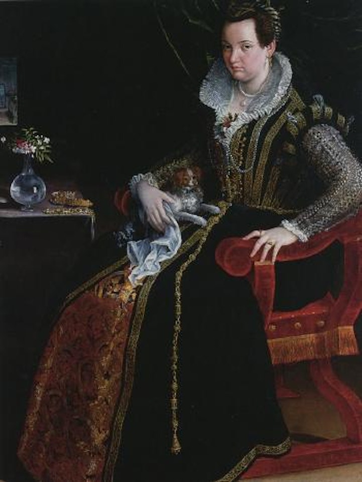 Portrait of Costanza Alidosi seated and holding small dog by Lavinia Fontana