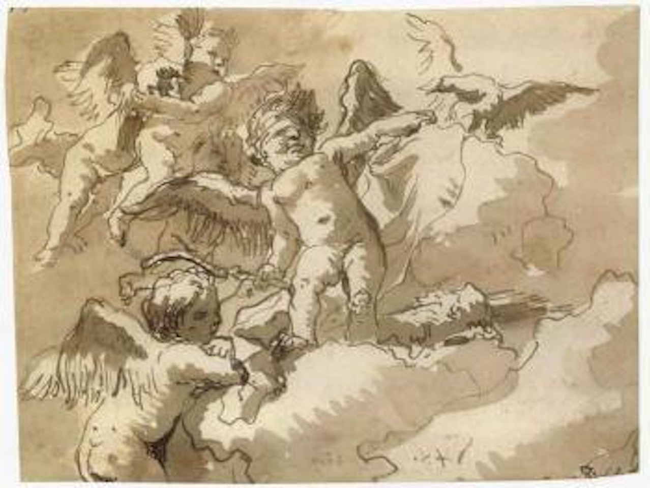 Blindfolded putto standing on cloud with other putti and eagle by Giovanni Domenico Tiepolo