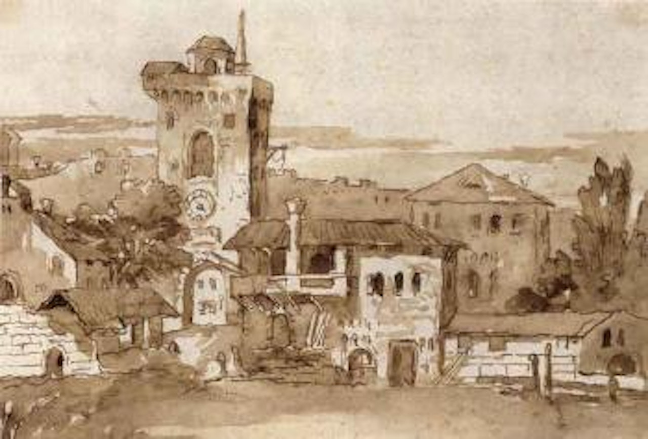 View of village with tower by Giovanni Domenico Tiepolo