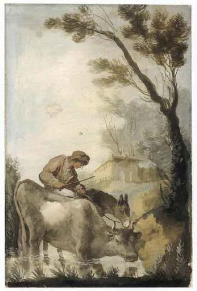 Shepherd crossing ford with cow and donkey by Giuseppe Bernardino Bison