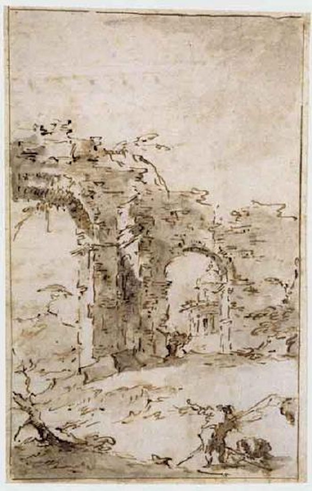 Capriccio with ruins and small temple. Elegant interior with garlanded columns by Francesco Guardi