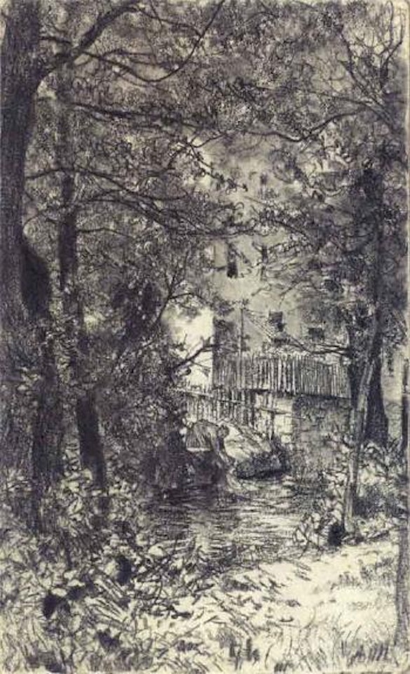Washerwoman in forest by stream by Adolph Menzel