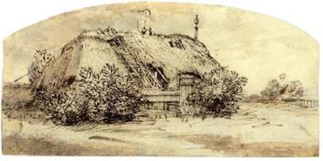 Ruined thatched cottage overgrown with bushes by Attributed to Rembrandt Harmensz van Rijn