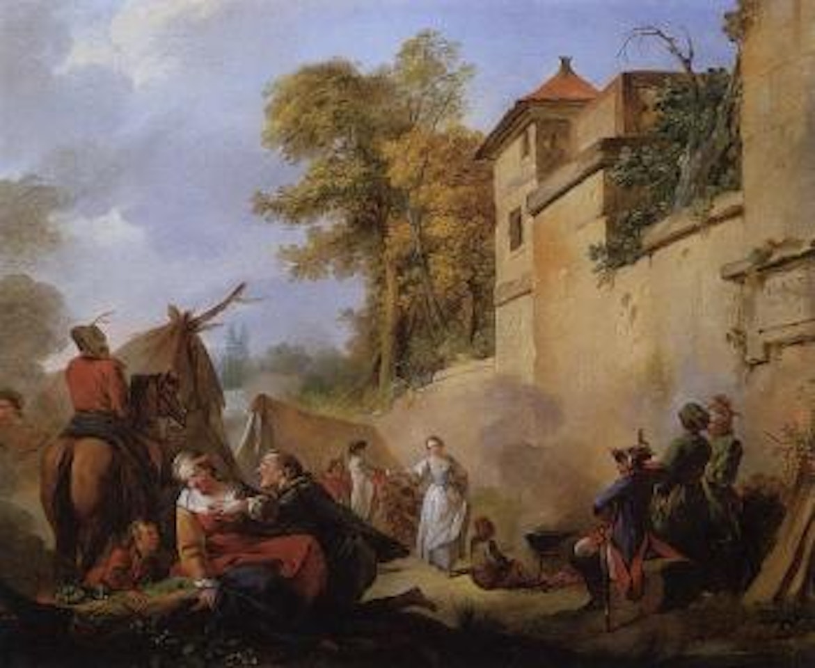 Military encampment beside a town wall with an amorous couple in the foreground. Shepherdess resting by Jean Baptiste Marie Pierre