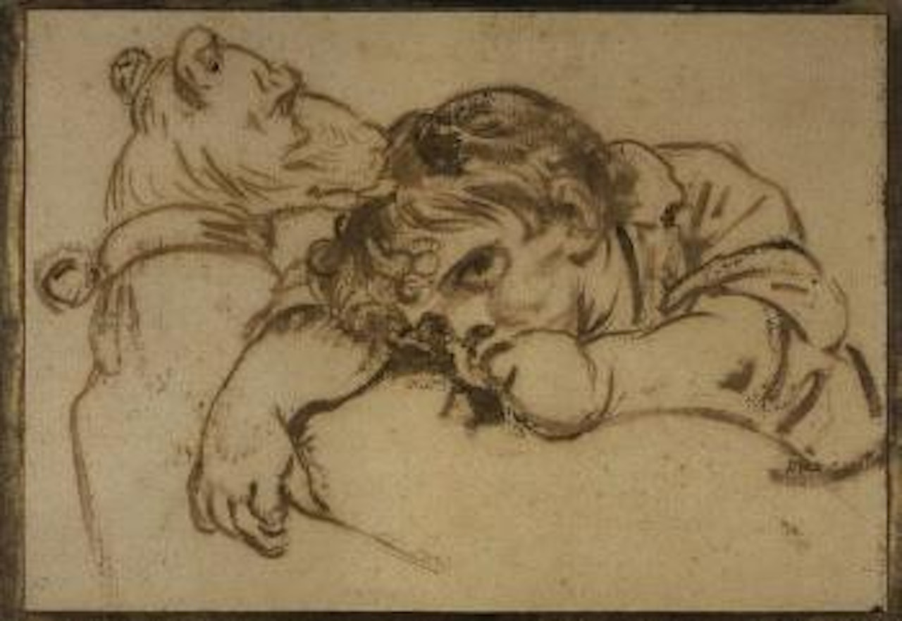 Boy resting his head on a dog's back by Jean-Baptiste Greuze