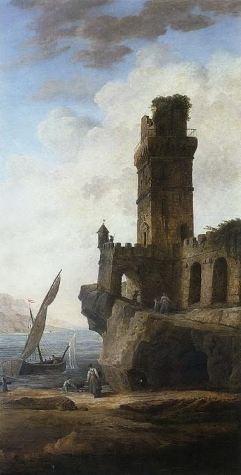 Shepherds in a grotto beneath a house. Figures by ruins of a castle by Hubert Robert