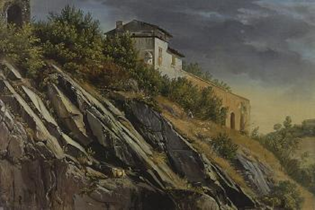 View of a building on top of a rocky hill by Alexandre Calame