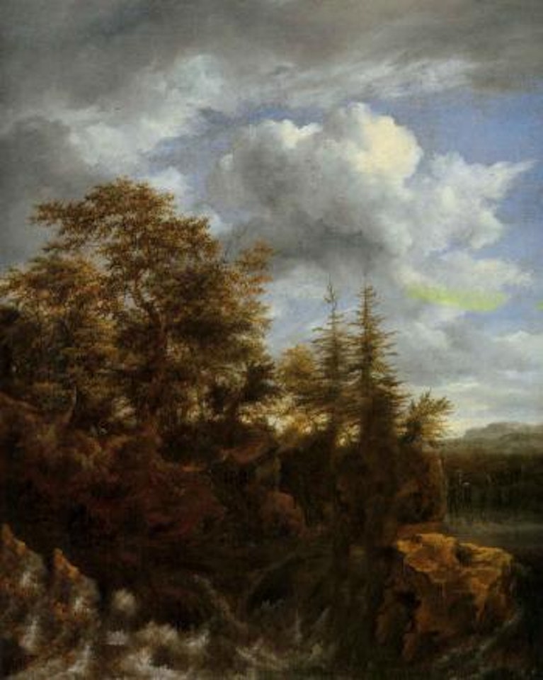 Wooded river landscape with a waterfall and travellers on a bridge by Jacob Salomonsz. van Ruysdael